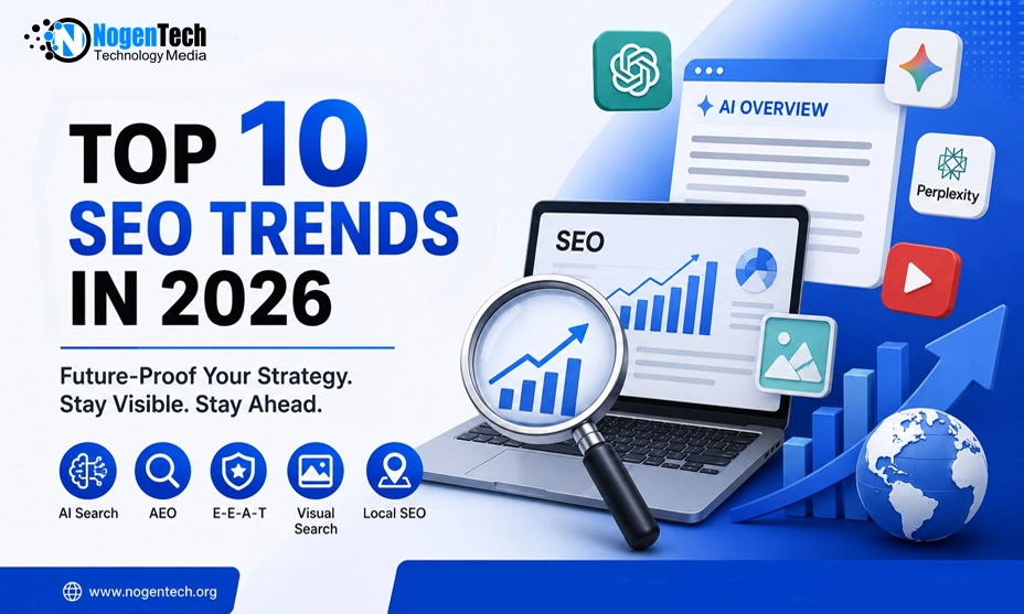 Top 10 SEO trends in 2026 featuring AI search, AEO, E-E-A-T, visual search, and local SEO
