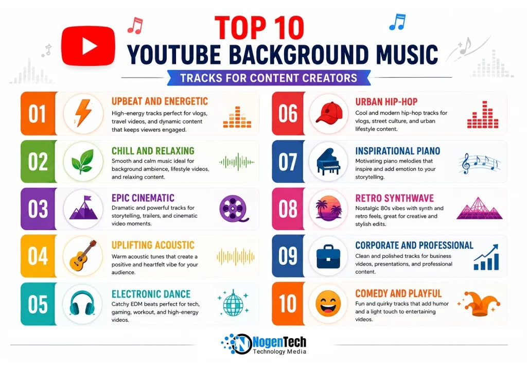 Top 10 YouTube background music tracks for content creators by NogenTech, including upbeat, relaxing, cinematic, acoustic, electronic, hip-hop, piano, synthwave, corporate, and comedy music