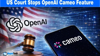 OpenAI logo and Cameo app logo separated by a judge's gavel with text "US Court Stops OpenAI Cameo Feature" regarding the trademark ruling.