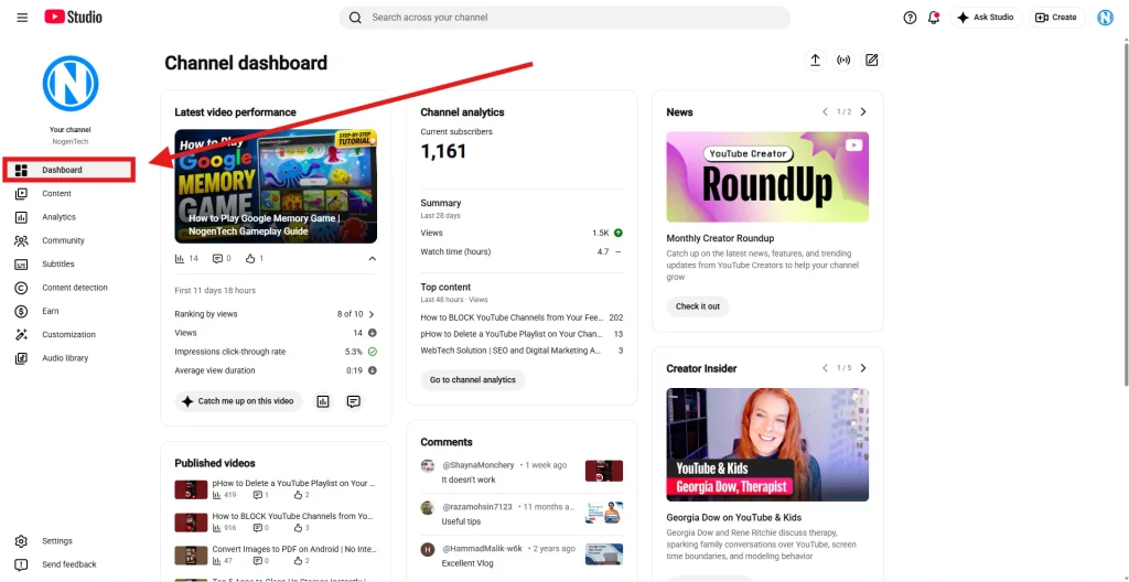 Screenshot of YouTube Dashboard by NogenTech
