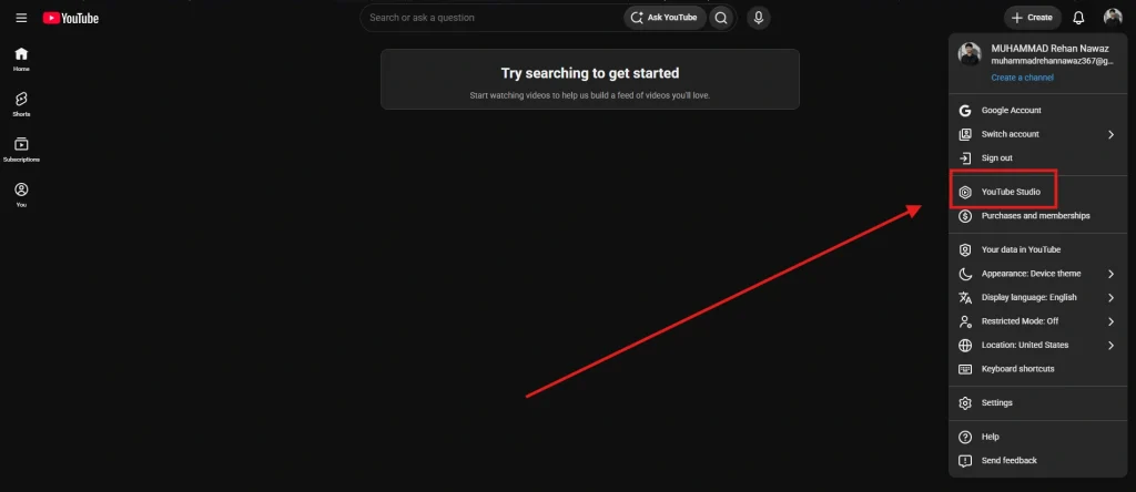 A YouTube user account dropdown menu. The "YouTube Studio" option is highlighted with a red rectangular box.