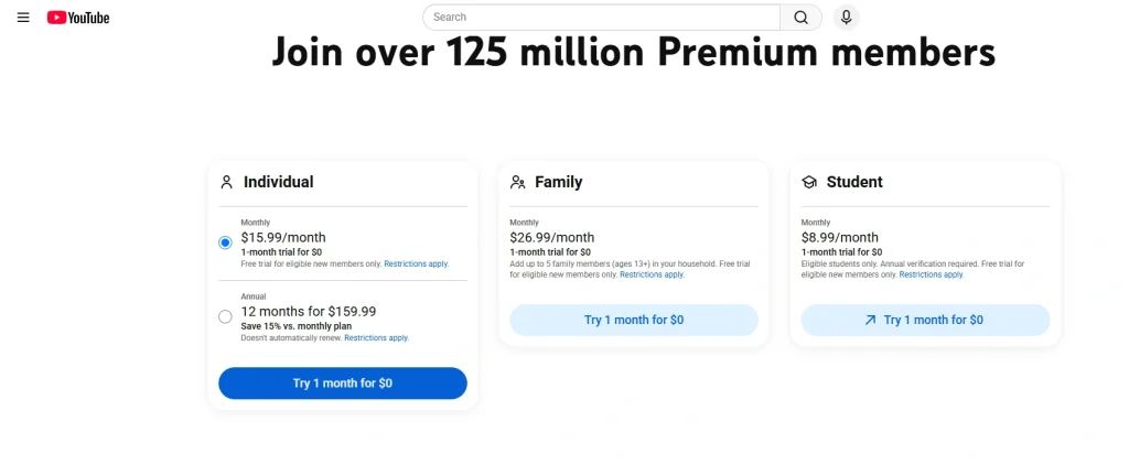 YouTube Premium Pricing