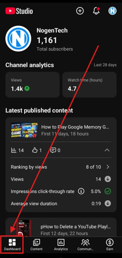 YouTube Studio dashboard showing your subscribers, views, and latest content at a glance