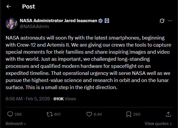 X tweet of NASA Administrator about smartphones screenshot captured by nogentech