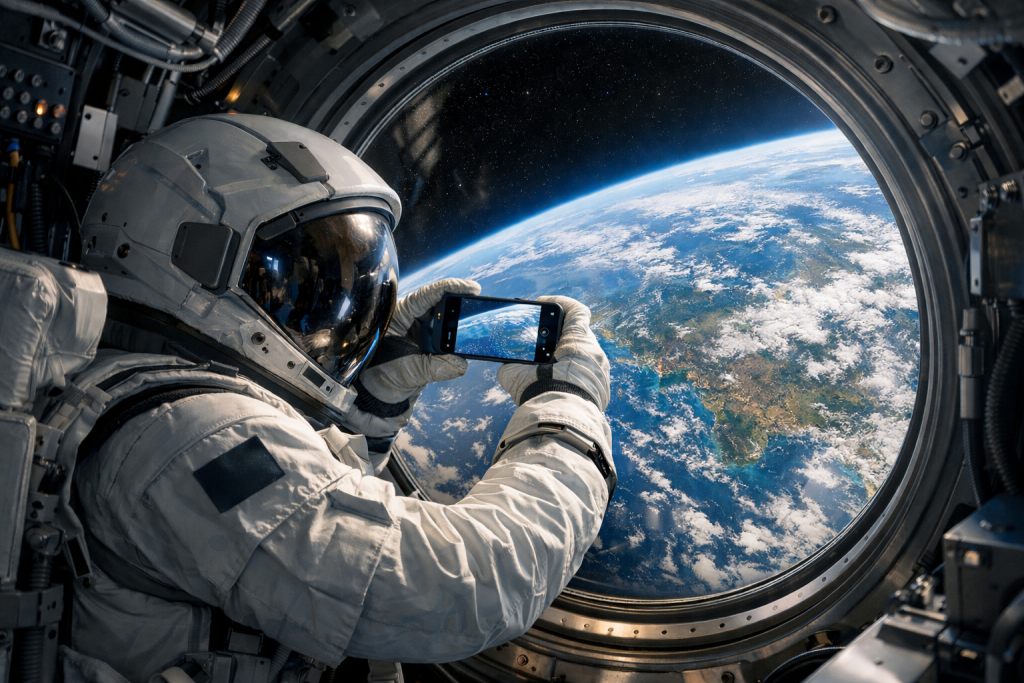 showing Astronaut using phone in space image by nogentech.org