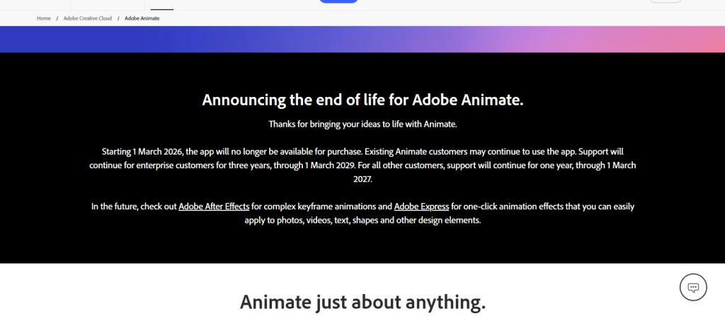 Adobe official announcement end of adobe animate screenshot captured by nogentech.org