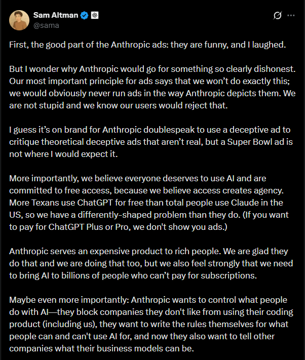 Tweet of Sam Altman about ads
