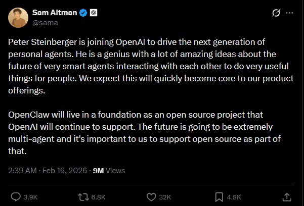 Sam Altman post on X related to peter Steinberger joining OpenAI screenshot by nogentech