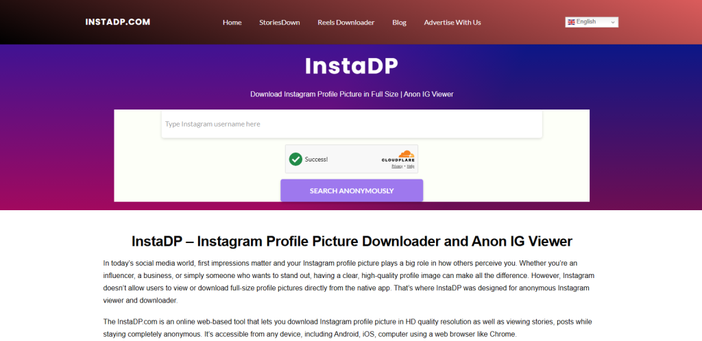 Display of instadp home page screenshot taken by NogenTech