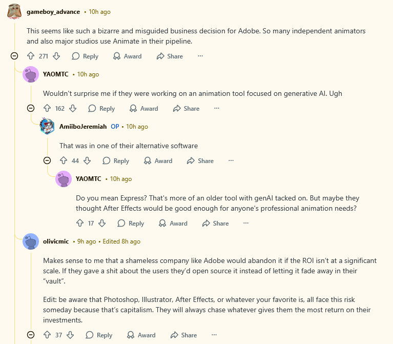 Screenshot from Reddit of adobe animate users disscusstion  taken by nogentech.org