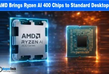AMD Ryzen AI 400 desktop processor on an AM5 motherboard with text "AMD launches Ryzen AI 400 desktop chips for local computing.