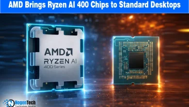 AMD Ryzen AI 400 desktop processor on an AM5 motherboard with text "AMD launches Ryzen AI 400 desktop chips for local computing.