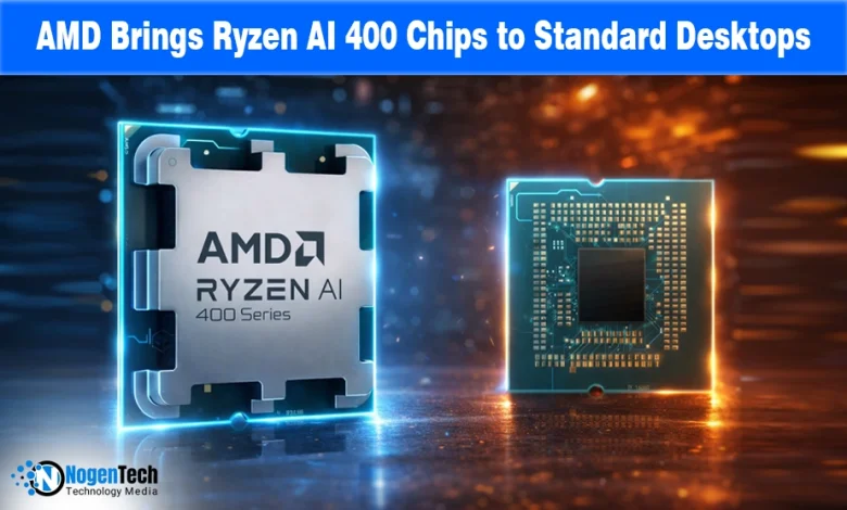 AMD Ryzen AI 400 desktop processor on an AM5 motherboard with text "AMD launches Ryzen AI 400 desktop chips for local computing.
