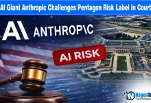 Anthropic AI logo and the Pentagon building with a court gavel, representing the 2026 legal challenge against the security risk designation.
