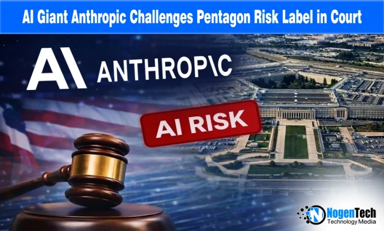 Anthropic AI logo and the Pentagon building with a court gavel, representing the 2026 legal challenge against the security risk designation.
