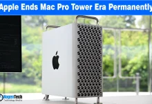 Silver Apple Mac Pro tower on a white desk with text "Apple Ends Mac Pro Tower Era Permanently.