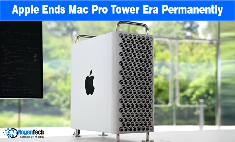 Silver Apple Mac Pro tower on a white desk with text "Apple Ends Mac Pro Tower Era Permanently.