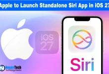 Apple iOS 27 news graphic showing the Apple logo and a new standalone Siri app icon on a smartphone screen.