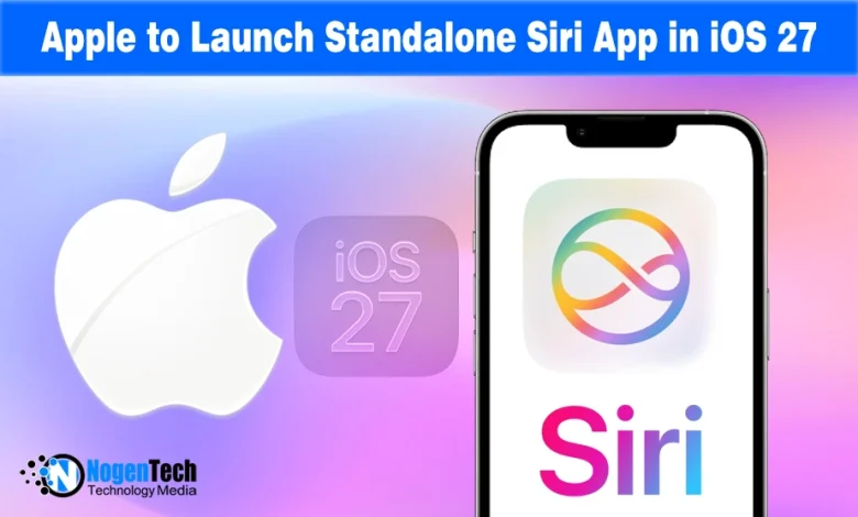 Apple iOS 27 news graphic showing the Apple logo and a new standalone Siri app icon on a smartphone screen.