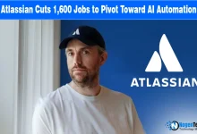 Atlassian logo with AI automation nodes representing the company's workforce restructuring and pivot to AI-first operations.