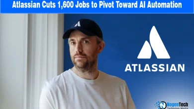 Atlassian logo with AI automation nodes representing the company's workforce restructuring and pivot to AI-first operations.