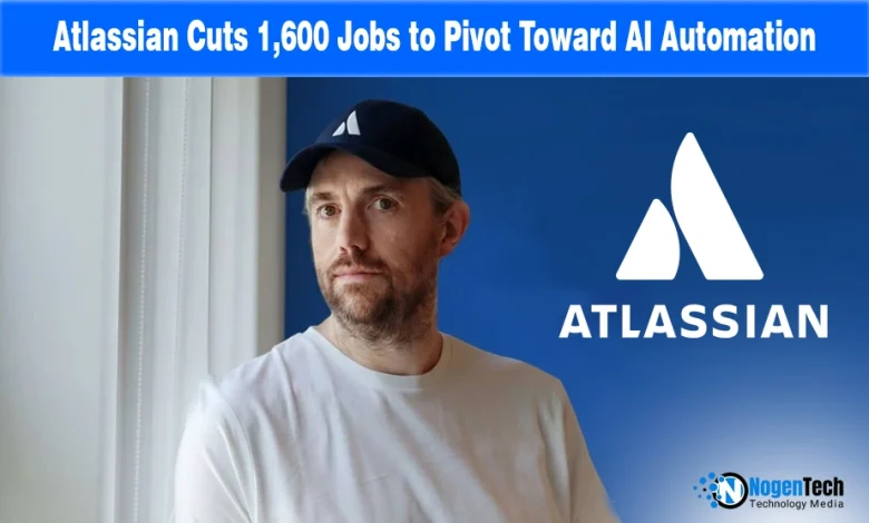 Atlassian logo with AI automation nodes representing the company's workforce restructuring and pivot to AI-first operations.