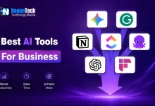 Best AI tools for business feature image showing ChatGPT, Grammarly, Gemini, Notion, ClickUp, and Fireflies.ai logos on a purple technology background