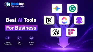 Best AI tools for business feature image showing ChatGPT, Grammarly, Gemini, Notion, ClickUp, and Fireflies.ai logos on a purple technology background