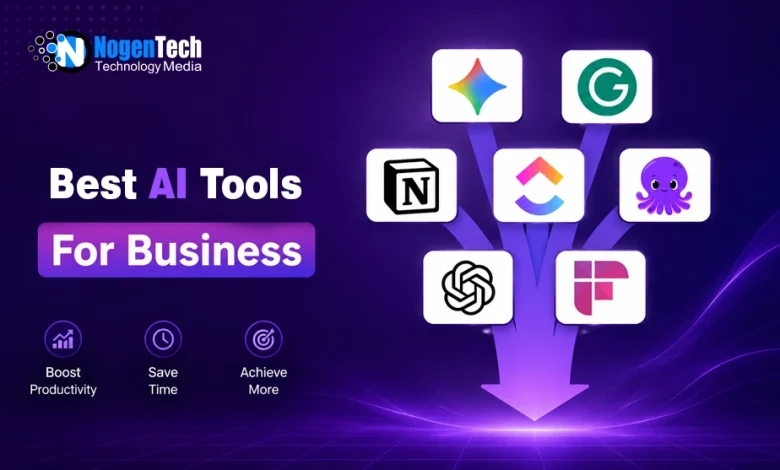 Best AI tools for business feature image showing ChatGPT, Grammarly, Gemini, Notion, ClickUp, and Fireflies.ai logos on a purple technology background