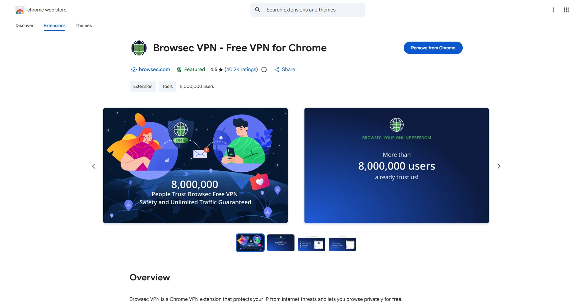 Screenshot of Browsec extention in Chrome Web Store