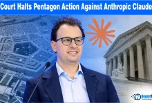 A gavel striking in front of the Pentagon and Anthropic logos with text "U.S. Federal Judge Blocks Pentagon's Supply Chain Ban on Anthropic's Claude."