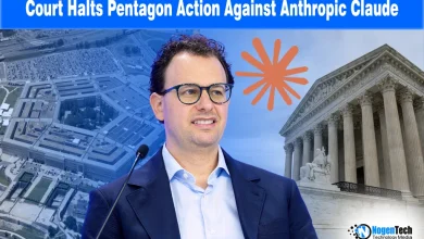 A gavel striking in front of the Pentagon and Anthropic logos with text "U.S. Federal Judge Blocks Pentagon's Supply Chain Ban on Anthropic's Claude."