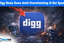 Digg logo with a glitched upvote button and AI bot icons, representing the 2026 app shutdown and layoffs due to automated spam.