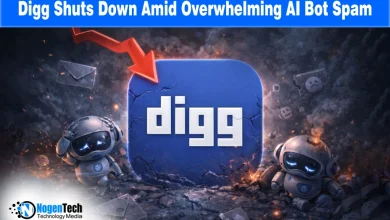 Digg logo with a glitched upvote button and AI bot icons, representing the 2026 app shutdown and layoffs due to automated spam.