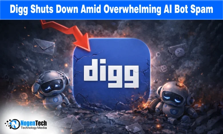 Digg logo with a glitched upvote button and AI bot icons, representing the 2026 app shutdown and layoffs due to automated spam.