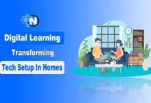 Two persons using laptops in a modern living room, symbolizing digital learning transforming home technology setups.