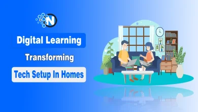 Two persons using laptops in a modern living room, symbolizing digital learning transforming home technology setups.