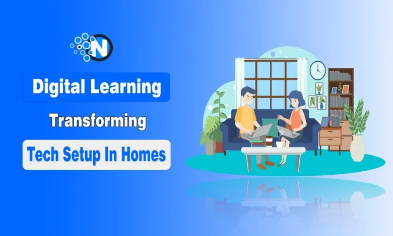 Two persons using laptops in a modern living room, symbolizing digital learning transforming home technology setups.