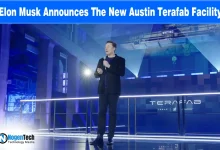 Tesla, SpaceX, and xAI logos on a dark background with text "Elon Musk Announces The New Austin Terafab Facility.