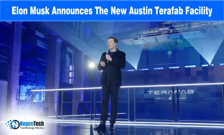 Tesla, SpaceX, and xAI logos on a dark background with text "Elon Musk Announces The New Austin Terafab Facility.