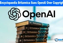 Britannica and Merriam-Webster logos alongside an OpenAI logo in a legal-themed graphic representing the 2026 AI copyright lawsuit.