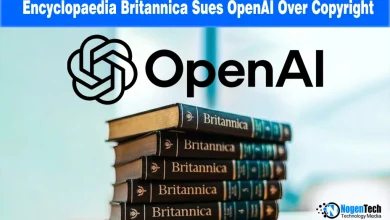 Britannica and Merriam-Webster logos alongside an OpenAI logo in a legal-themed graphic representing the 2026 AI copyright lawsuit.