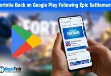 Fortnite game character on a smartphone screen with the Google Play Store logo, marking the game's return to Android.