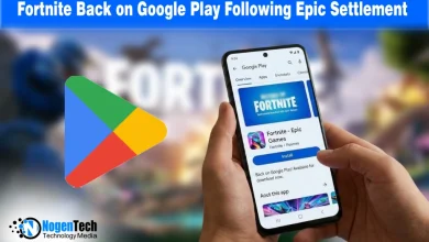 Fortnite game character on a smartphone screen with the Google Play Store logo, marking the game's return to Android.