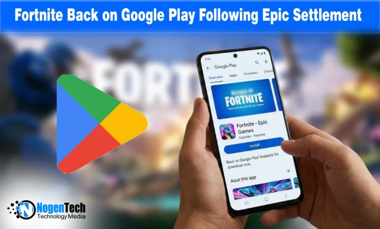 Fortnite game character on a smartphone screen with the Google Play Store logo, marking the game's return to Android.