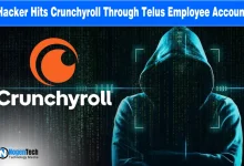 Crunchyroll logo on a glitchy digital background with a warning about a data breach caused by a compromised Telus employee account.