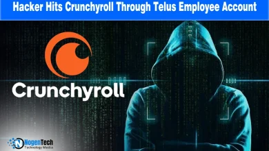 Crunchyroll logo on a glitchy digital background with a warning about a data breach caused by a compromised Telus employee account.