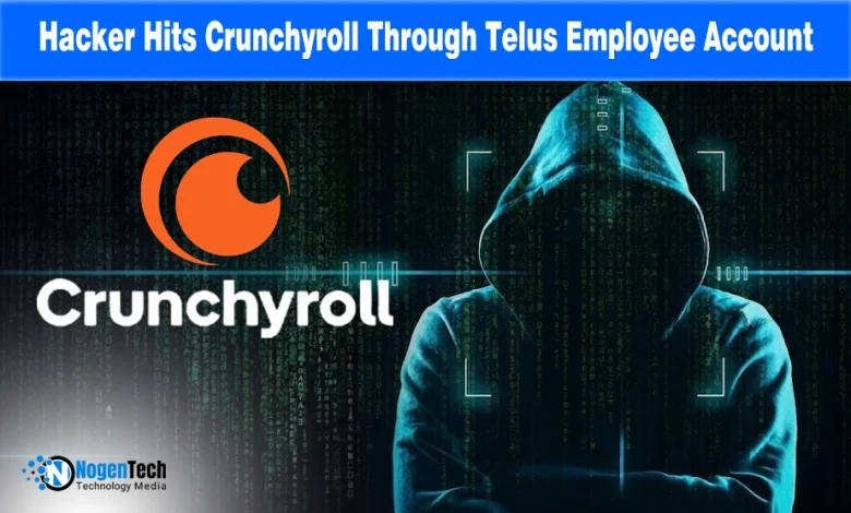 Crunchyroll logo on a glitchy digital background with a warning about a data breach caused by a compromised Telus employee account.