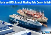 Digital illustration of a floating data center on the ocean, representing the Hitachi and MOL partnership