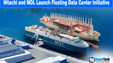 Digital illustration of a floating data center on the ocean, representing the Hitachi and MOL partnership